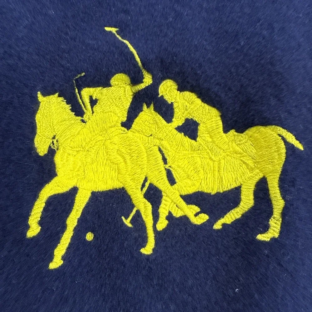 Polo Ralph Lauren 100% Lambswool Scarf‎ Navy Fringe Yellow 2 Pony Logo 60